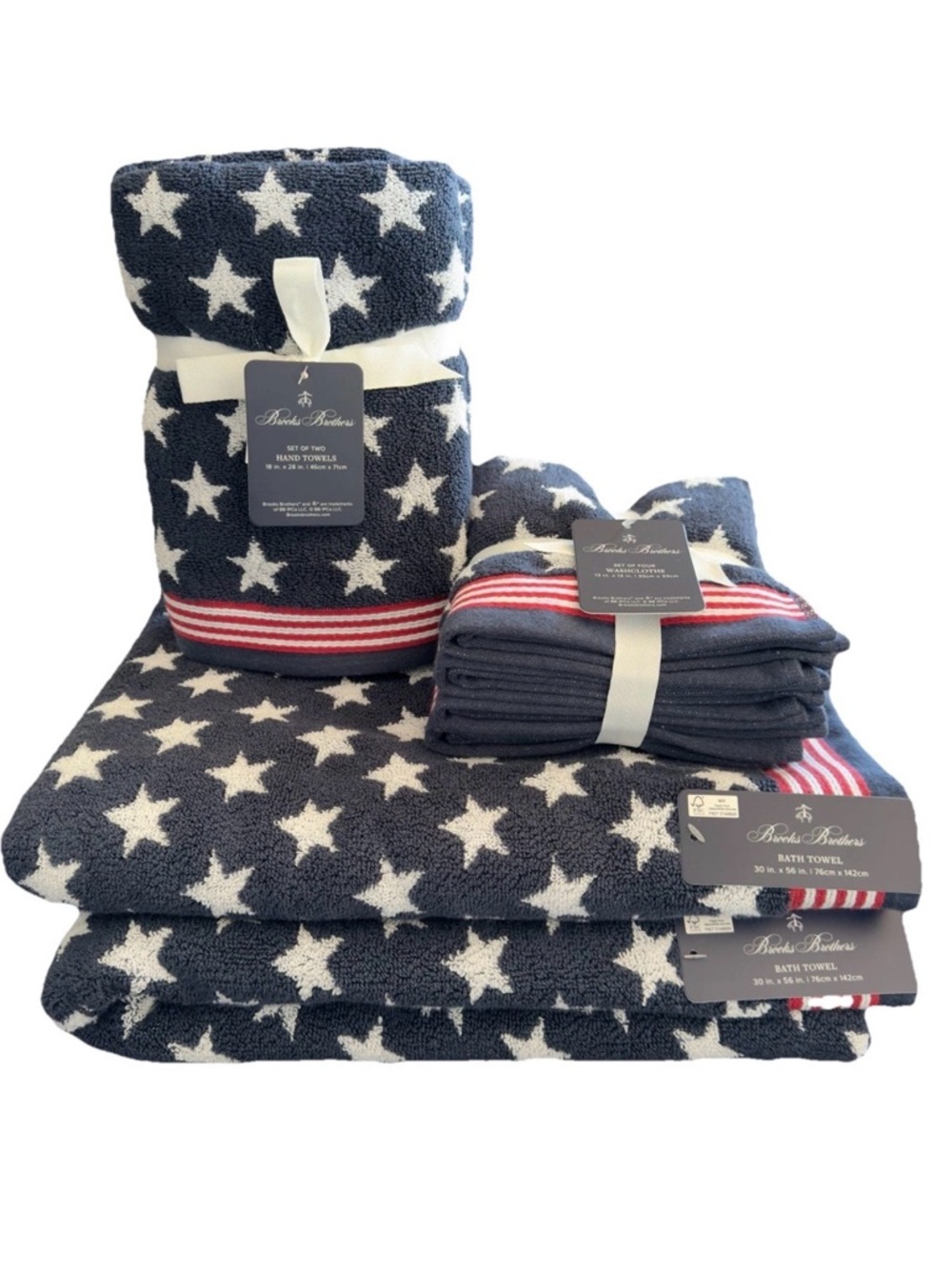 Brooks Brothers Red White Blue Stars Stripes Bath Hand Washcloth Towels 8pc New